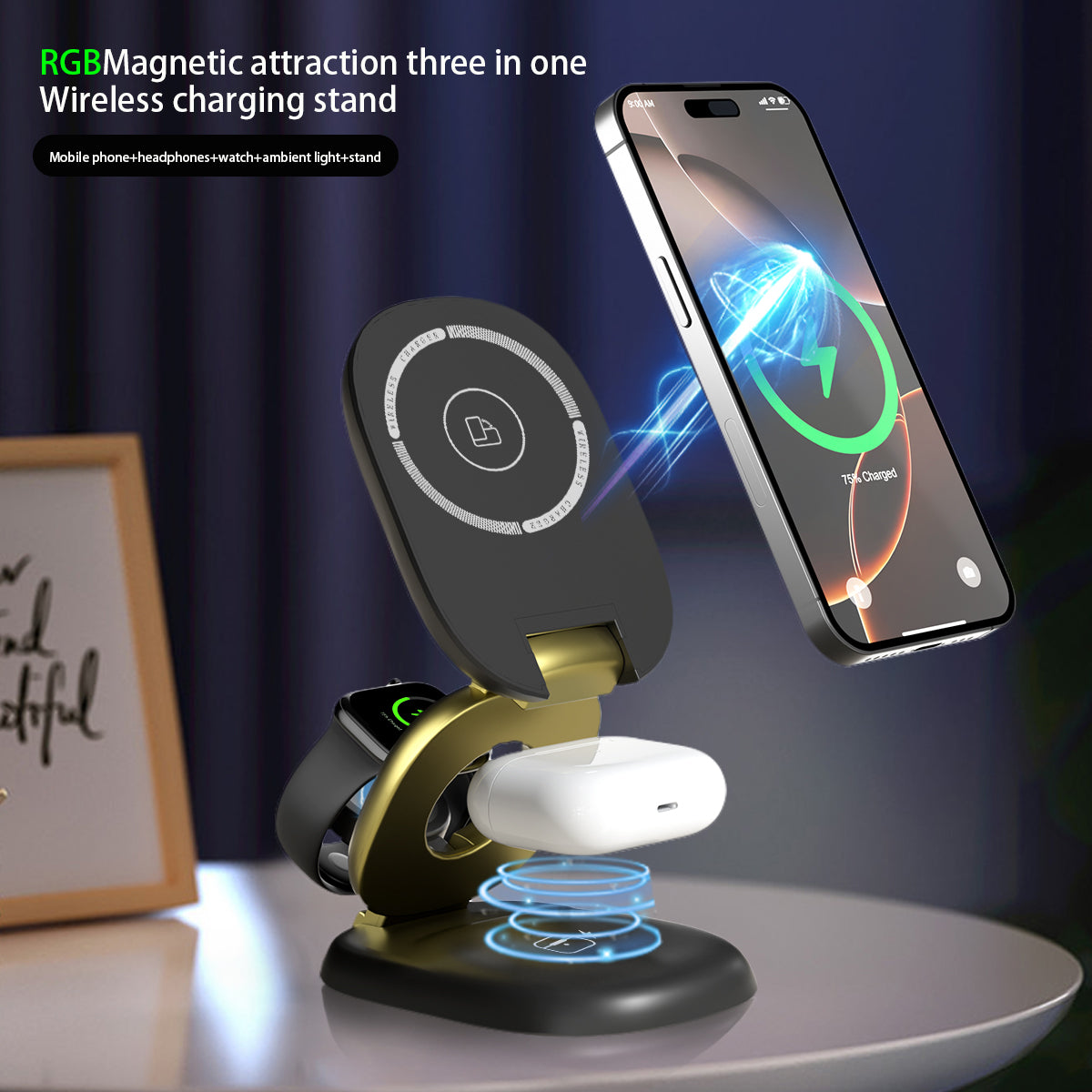 15W Magnetic 3-in-1 Wireless Charger Stand, Foldable MagSafe Charging Station with RGB Light for iPhone, Apple Watch & AirPods