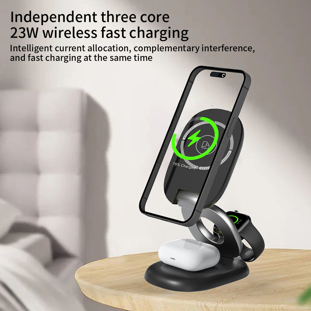 15W Magnetic 3-in-1 Wireless Charger Stand, Foldable MagSafe Charging Station with RGB Light for iPhone, Apple Watch & AirPods