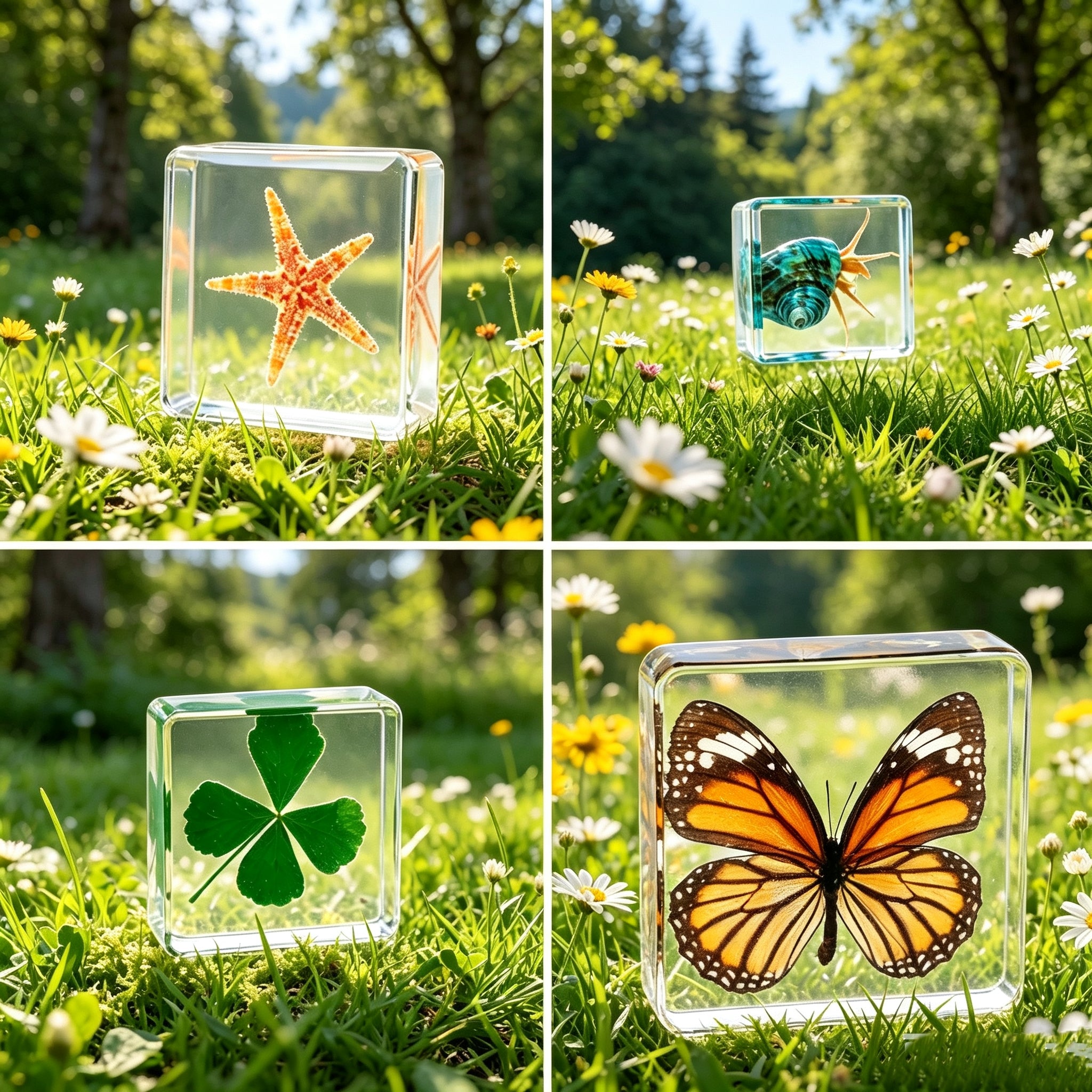 4 Pcs Real Nature Specimen Resin Cube Set, Real Four‑Leaf Clover (Marsilea Quadrifolia), Starfish, Tiger Butterfly & Hermit Crab Paperweight, Preserved Insect & Plant Collection Decor, Unique Natural Gift for Home Office
