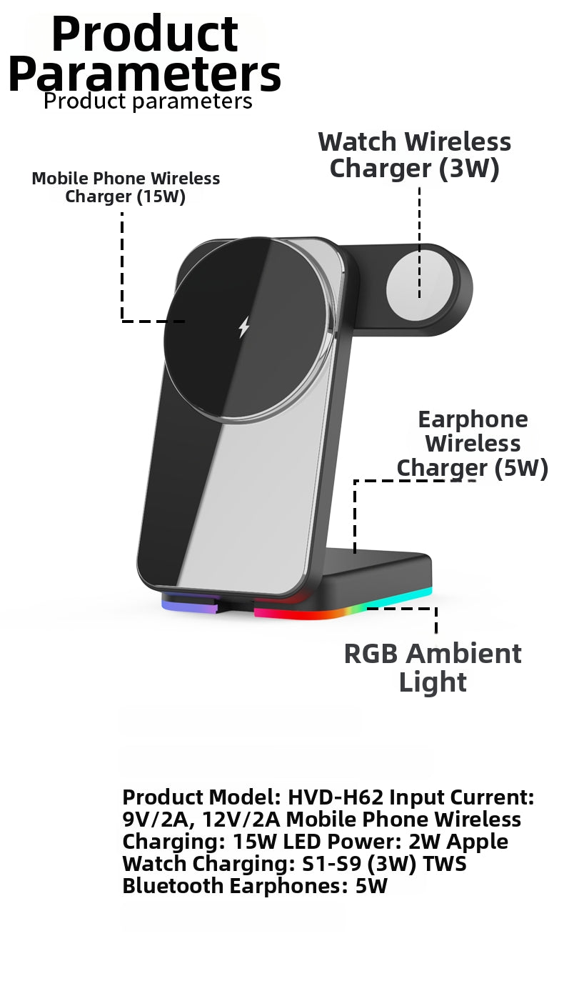 15W Fast Magnetic 3-in-1 Wireless Charger Stand with RGB Ambient Light