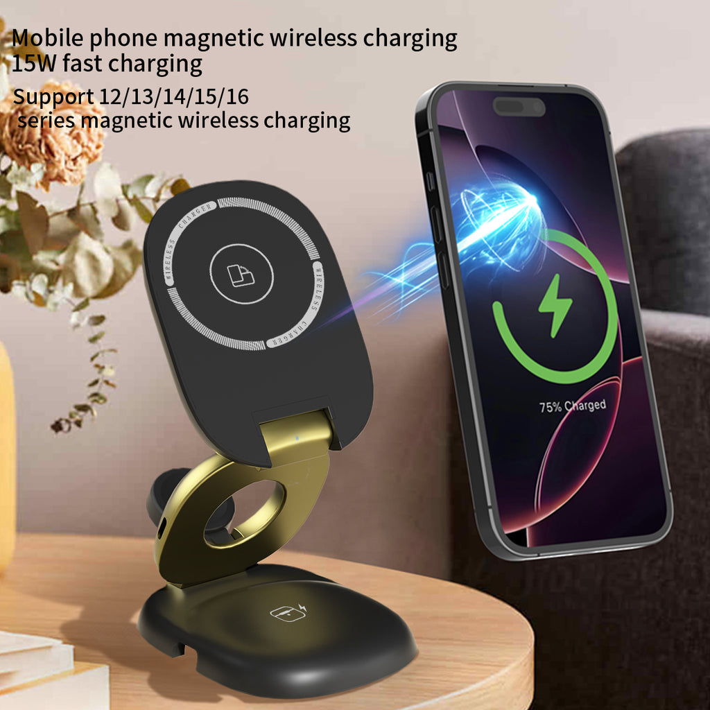 15W Magnetic 3-in-1 Wireless Charger Stand, Foldable MagSafe Charging Station with RGB Light for iPhone, Apple Watch & AirPods