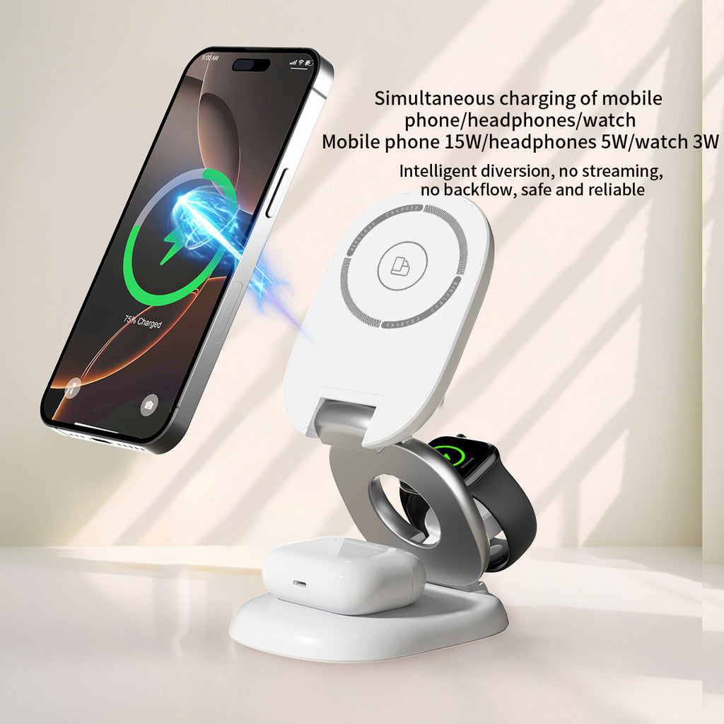 15W Magnetic 3-in-1 Wireless Charger Stand, Foldable MagSafe Charging Station with RGB Light for iPhone, Apple Watch & AirPods