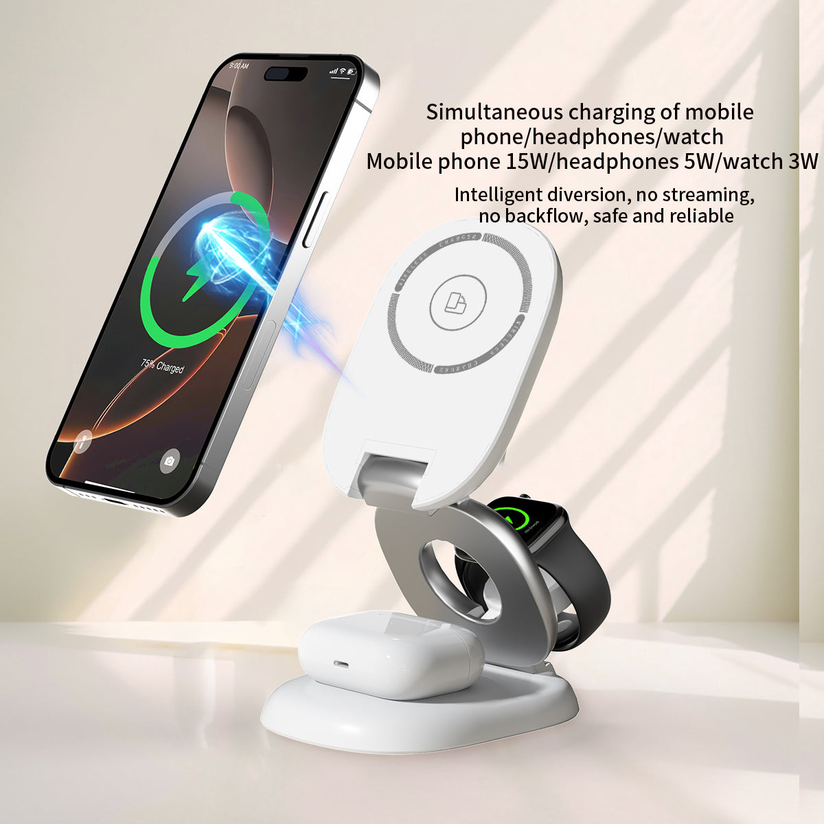 15W Magnetic 3-in-1 Wireless Charger Stand, Foldable MagSafe Charging Station with RGB Light for iPhone, Apple Watch & AirPods