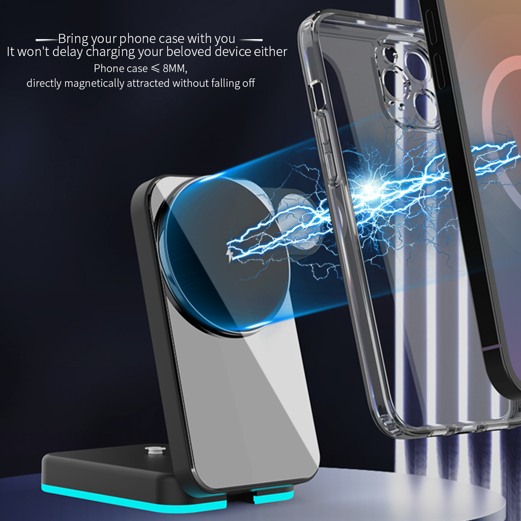 15W Fast Magnetic 3-in-1 Wireless Charger Stand with RGB Ambient Light