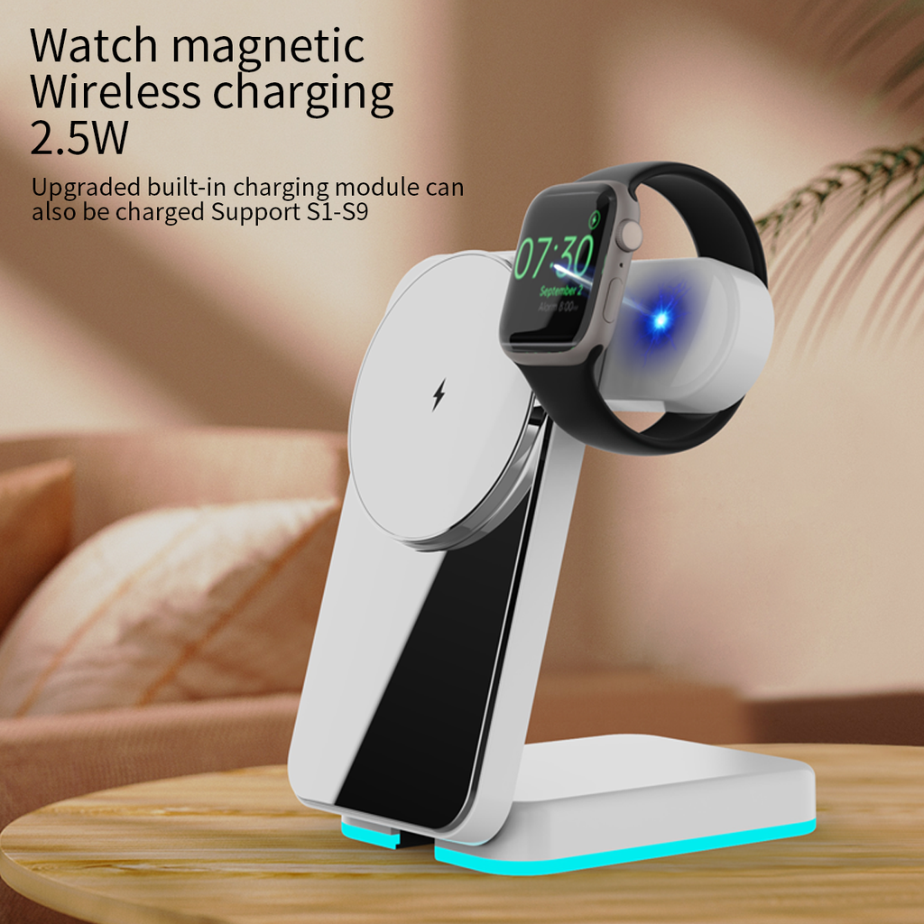 15W Fast Magnetic 3-in-1 Wireless Charger Stand with RGB Ambient Light