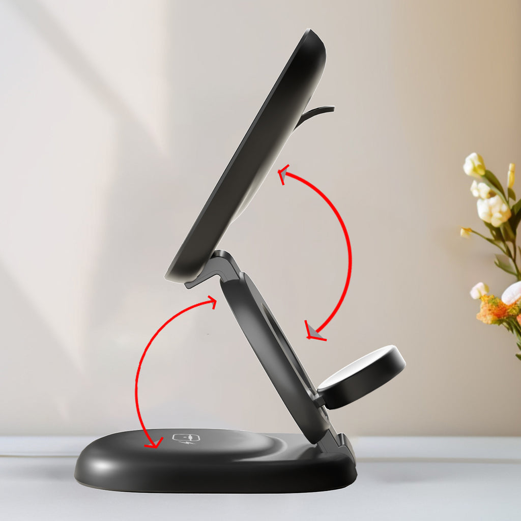 15W Magnetic 3-in-1 Wireless Charger Stand, Foldable MagSafe Charging Station with RGB Light for iPhone, Apple Watch & AirPods