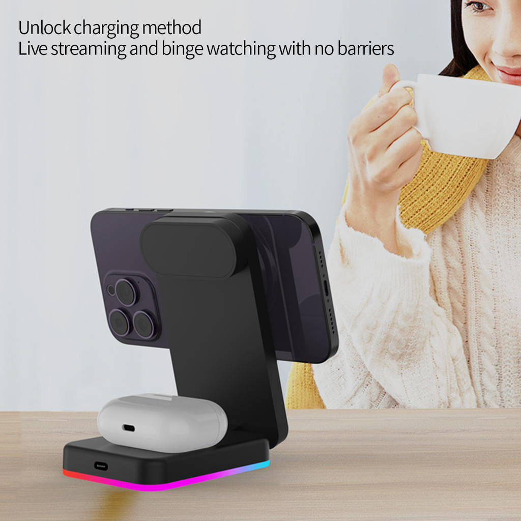 15W Fast Magnetic 3-in-1 Wireless Charger Stand with RGB Ambient Light