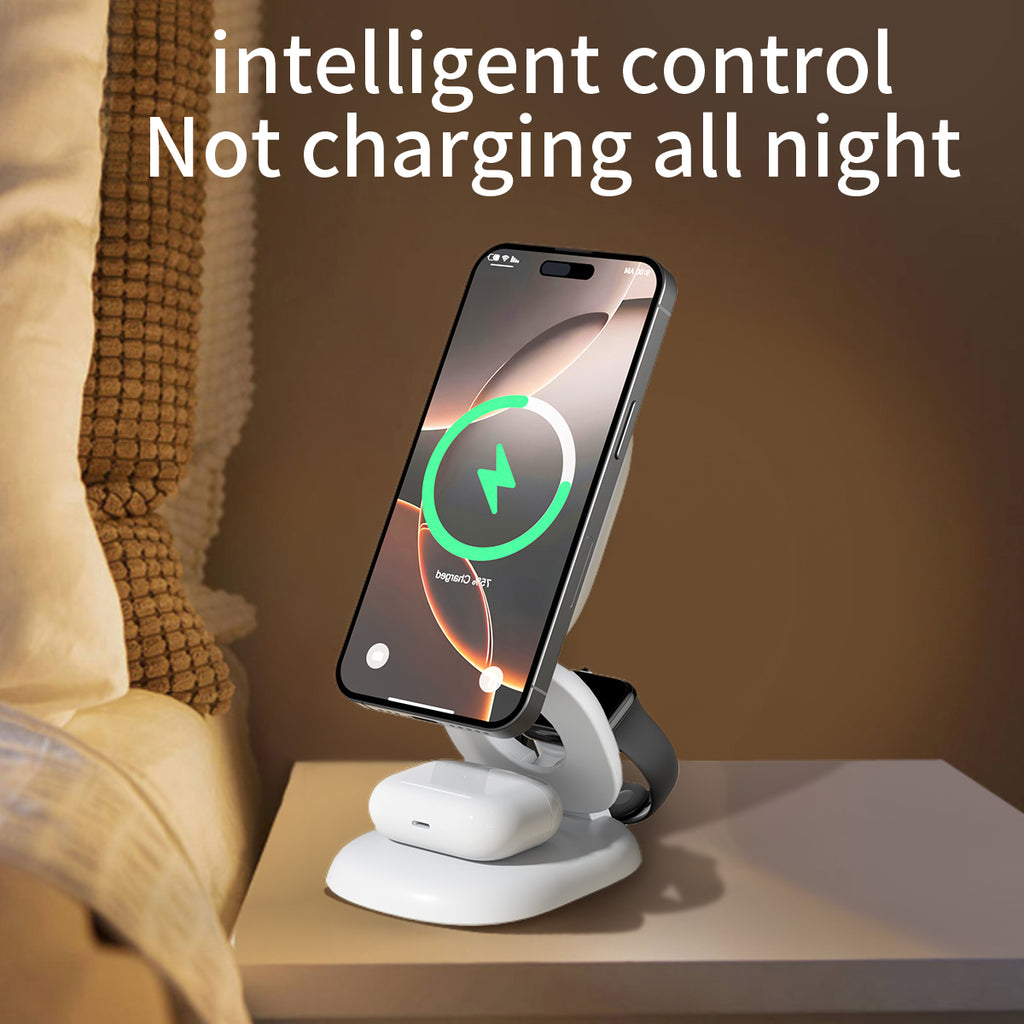 15W Magnetic 3-in-1 Wireless Charger Stand, Foldable MagSafe Charging Station with RGB Light for iPhone, Apple Watch & AirPods